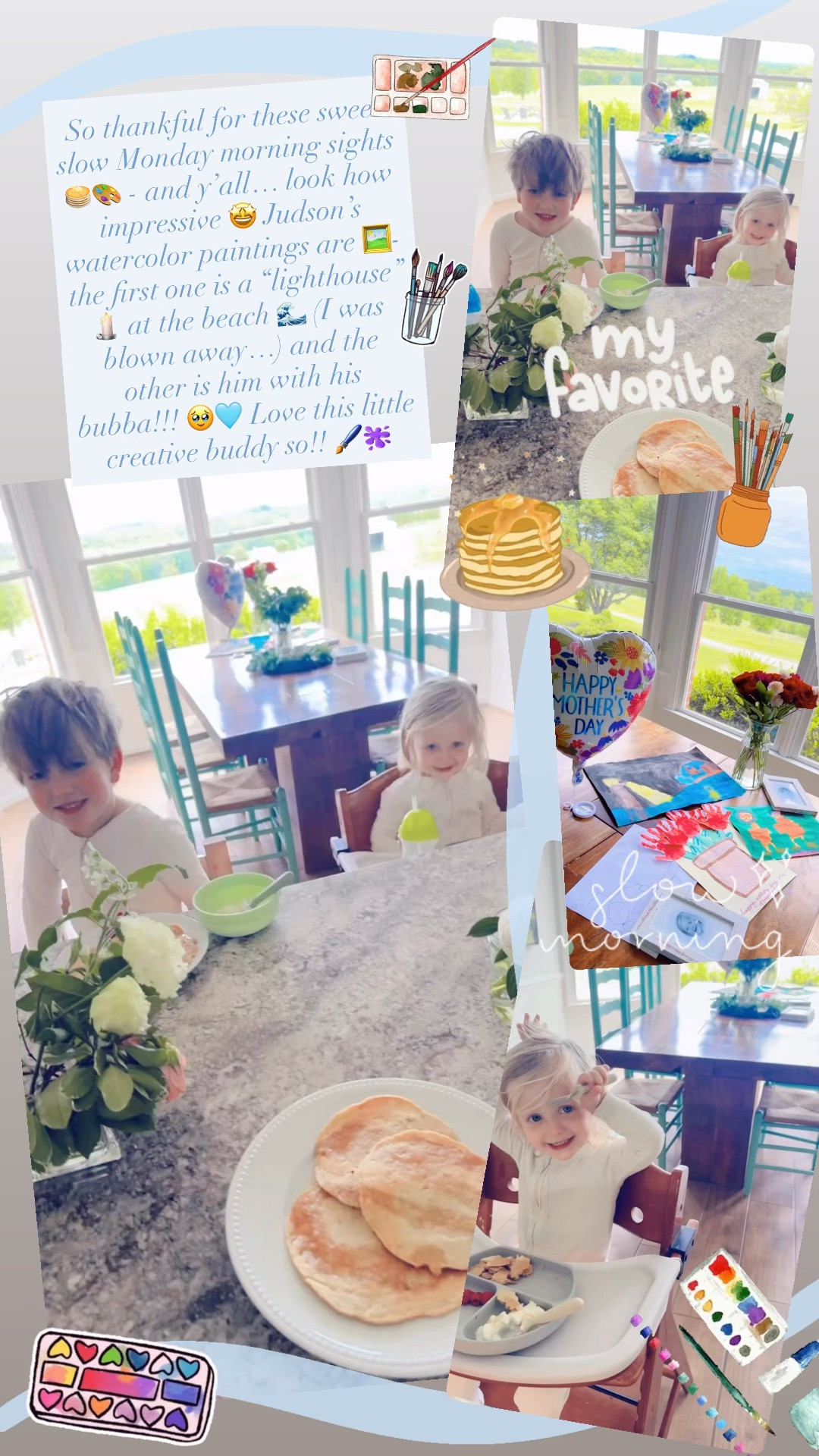 So thankful for these sweet  slow Monday morning sights 🥞🎨 - and y’all… look how impressive 🤩 Judson’s watercolor paintings are 🖼️- the first one is a “lighthouse” 🕯️ at the beach 🌊 (I was blown away…) and the other is him with his bubba!!! 🥹🩵 Love this little creative buddy so!! 🖌️🫟