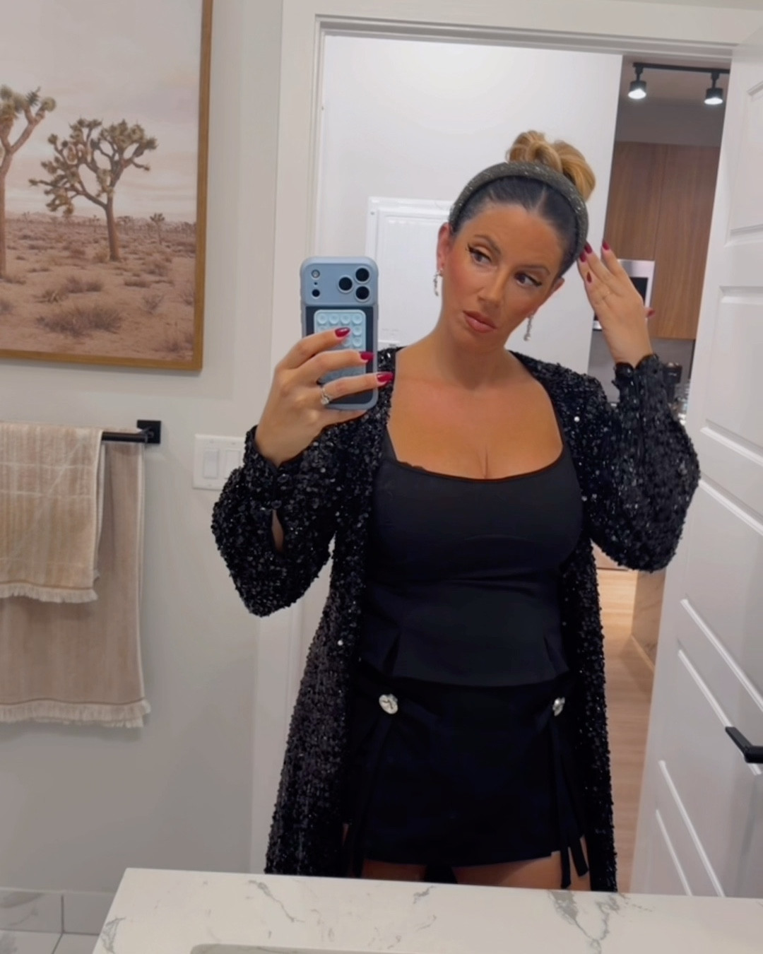 Holiday party outfit — all black everything 

This year I hosted my very first holiday dinner party and here is where I were. 

Completely obsessed with my brand new formal sparkle dark silver headband and a brand new skirt with bows and diamonds, also sparkle 

Skirt from Zara 
Dress/jacket Revolve 
#dinnerparty #grwm #holidaydinnerparty #holidayparty #holidaydinner #holidayoutfit #holidaylook #allblackeverything #revolve #zara #mango #formal #cocktaillook 

#LTKdayinmylife #LTKgrwm #LTKHoliday