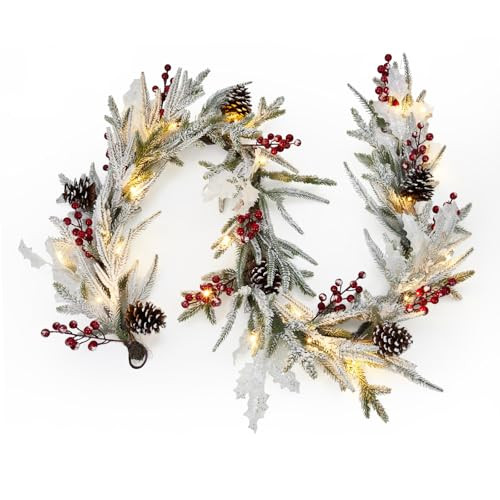 6 ft Pre-lit Christmas Garland with 20 LED Lights, 8 Lighting Modes Xmas Artificial Green Rattan with Snow Frost, Pine Cones, Red Berries, White Leaves, Home Fireplace Mantle Outdoor Front Porch Decor | Amazon (US)