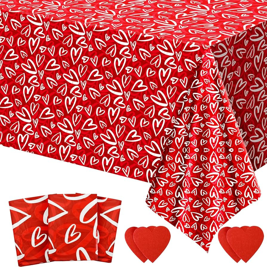 3 Pcs Valentines Day Tablecloth-Heart Love Valentine's Day Table Cover, Disposable Plastic Rectan... | Amazon (US)