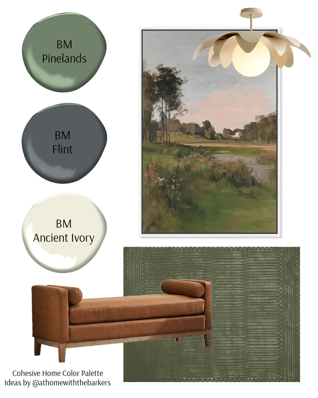 Home decorating sitting area design with landscape art, bench, statement light fixture and area rug.

#LTKHome #LTKSaleAlert