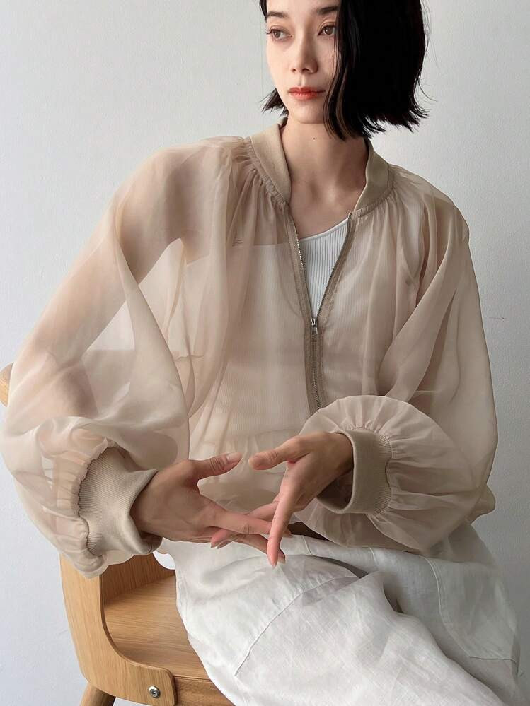 FRIFUL Zip Up Long Sleeve Bomber Jacket Sheer | SHEIN