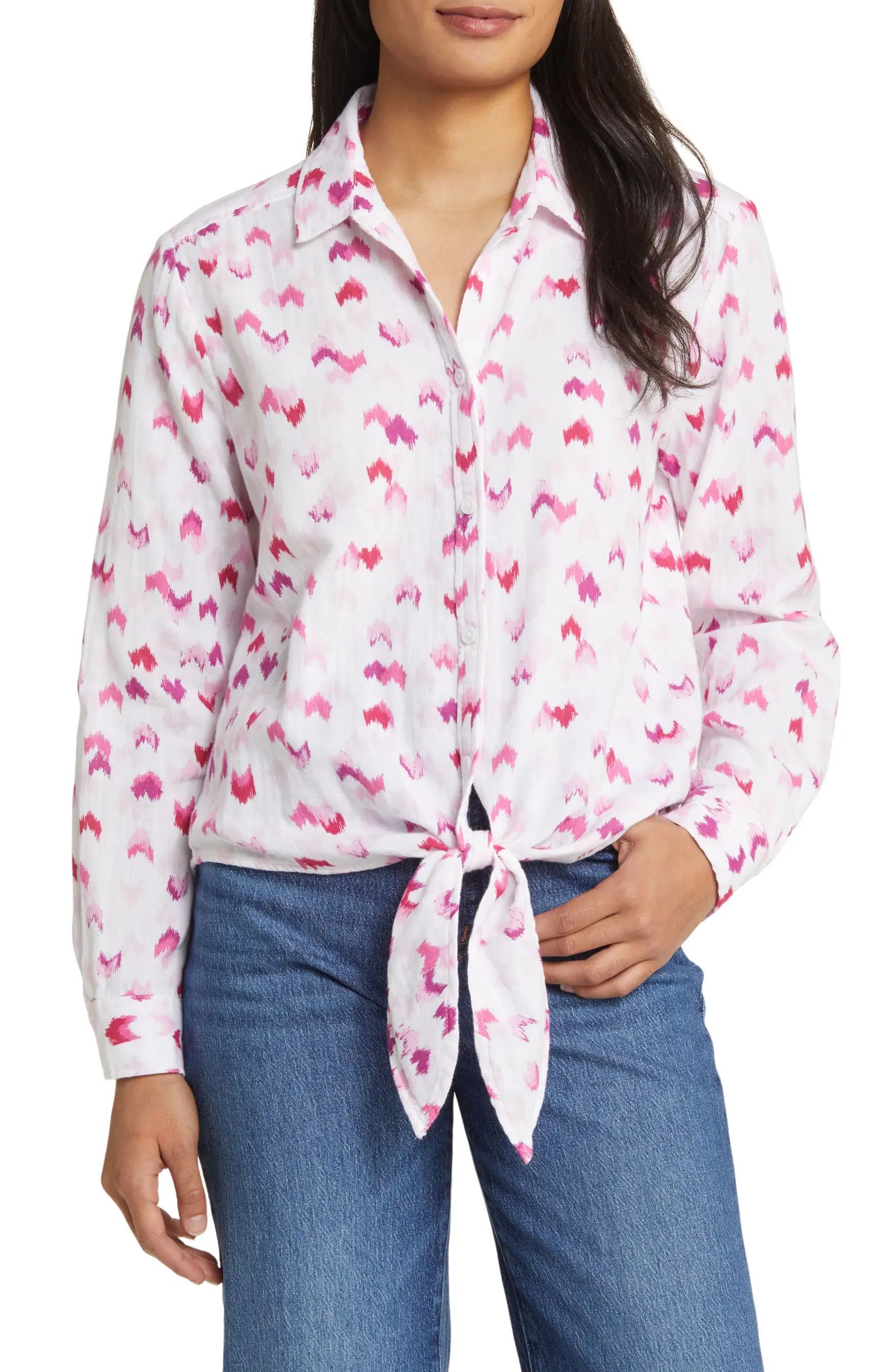 beachlunchlounge Jordyn Heart Print Cotton Gauze Tie Front Button-Up Shirt | Nordstrom | Nordstrom