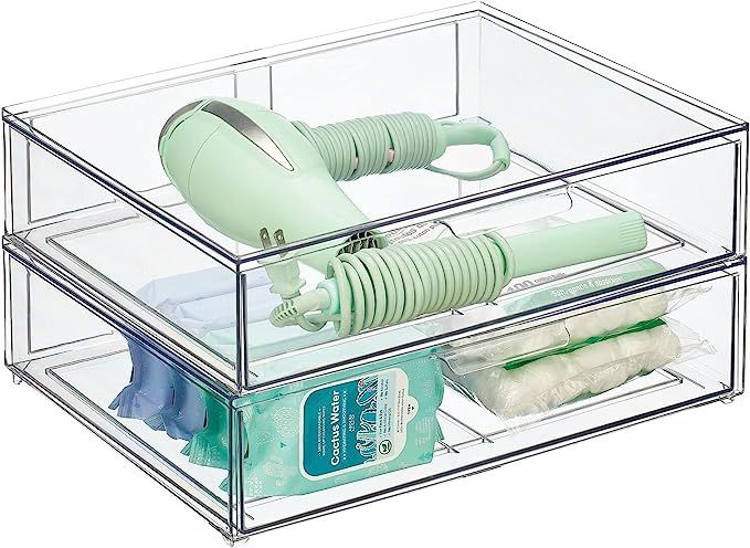 mDesign Wide Plastic Stackable Bathroom Storage Organizer Bin with Pull Out Drawer for Cabinet, V... | Amazon (US)