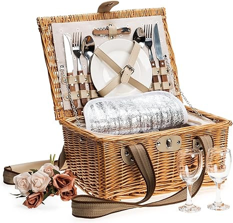 JOLLY HOME Picnic Basket Set For 2 Persons, Willow Picnic Basket With Insulated Cooler & Two Wove... | Amazon (US)