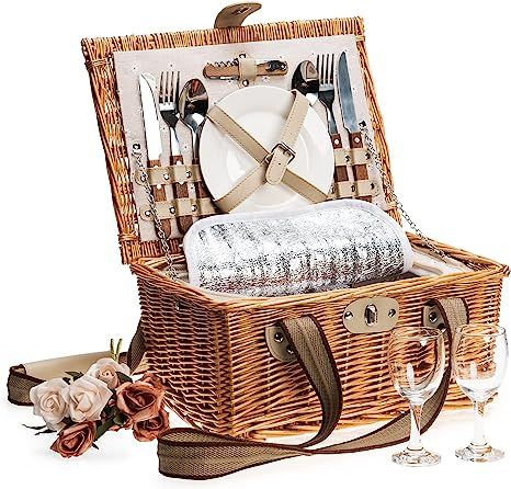 JOLLY HOME Picnic Basket Set For 2 Persons, Willow Picnic Basket With Insulated Cooler & Two Wove... | Amazon (US)