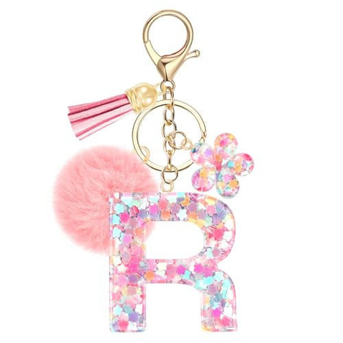 JSRQT Initial Letter R Keychain for Girls, Cute Pink Flower Resin Alphabet Keyrings, Flower Bag Charm Pendants with Sequins and Pink Poms, Car Keyring for Women Handbags Backpack Decor | Amazon (US)