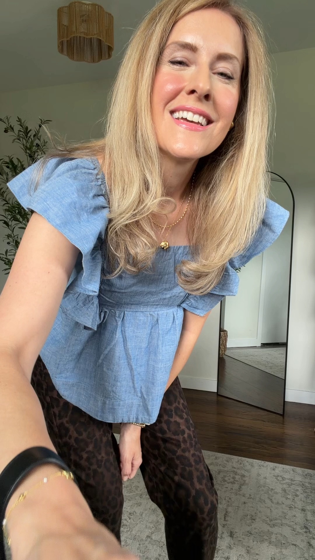 Had fun with this look! Walmart chambray ruffle top and leopard print barrel jeans, fit is tts, I’m a small in the top. #walmartfashion

#LTKootd #LTKstorytime #LTKOver40