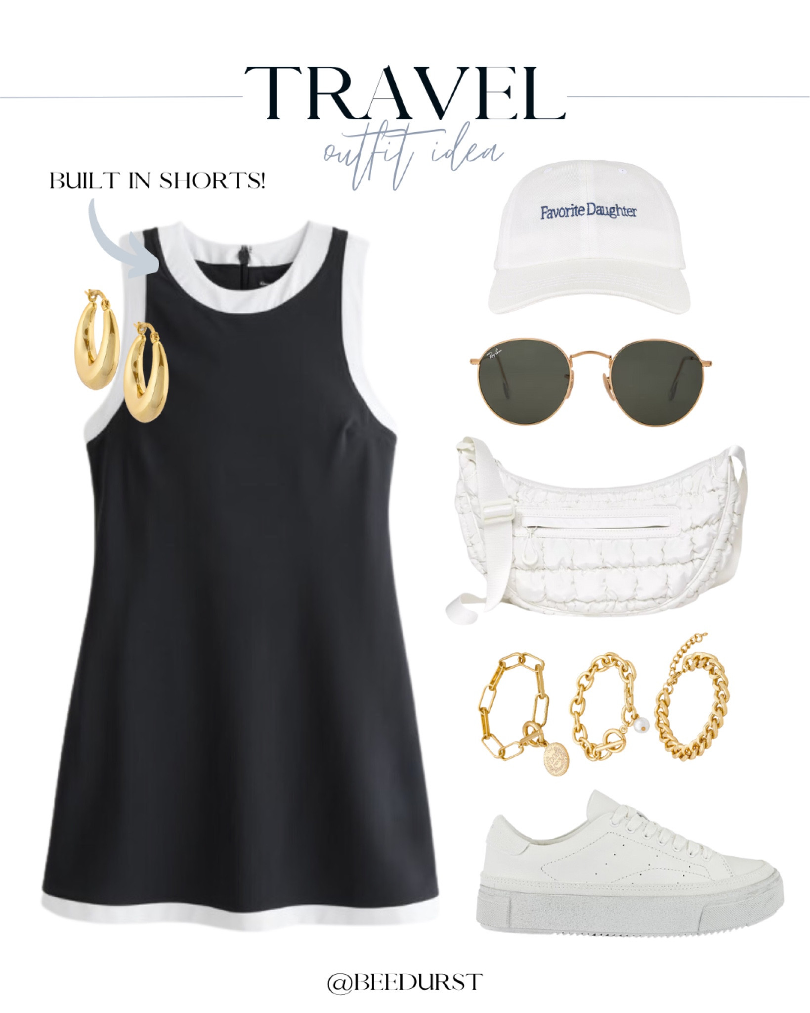 Cute travel outfit idea for your next trip! Active dress, workout dress, exercise dress, tennis dress, dress with shorts, Meredith Blake dress, colorblock dress, Favorite Daughter hat, white hat, Ray Ban sunglasses, classic sunglasses, white purse, crossbody purse, nylon purse, quilted purse, bracelet set, gold bracelets, white sneakers, platform sneakers, gold hoops, chunky hoops

#LTKShoeCrush #LTKItBag #LTKTravel