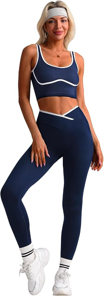 Women's Contrast Color Seamless Workout Set High Waist Yoga Pants with Sports Tank Top, 2 Piece Athletic Gym Outfit | Amazon (US)