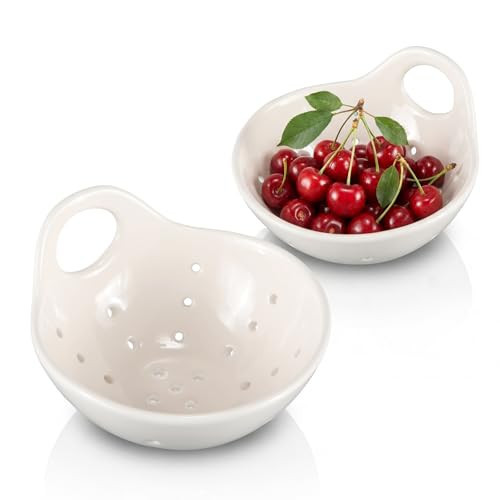 Singhoow 2 Pcs Berry Bowls with Holes Ceramic Fruit Basket with Handles Berry Basket Rinse Fruit Stoneware Harvest Bowl Container for Kitchen Counter Strawberry Grape Cherry Microwave(Beige) | Amazon (US)