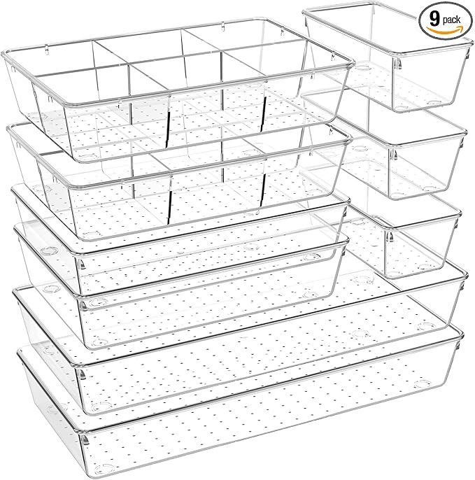 Criusia 9 Pack Drawer Organizer, 3 Sizes Clear Plastic Drawer Organization Storage Bins, Non-Slip... | Amazon (US)