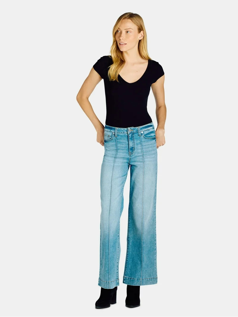 Time and Tru Women's Wide Leg Jeans with Seam Details, Available in Regular, Short, Long Inseams,... | Walmart (US)