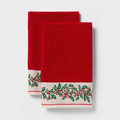 2pk Holly Border Christmas Hand Towels Red - Threshold™ | Target