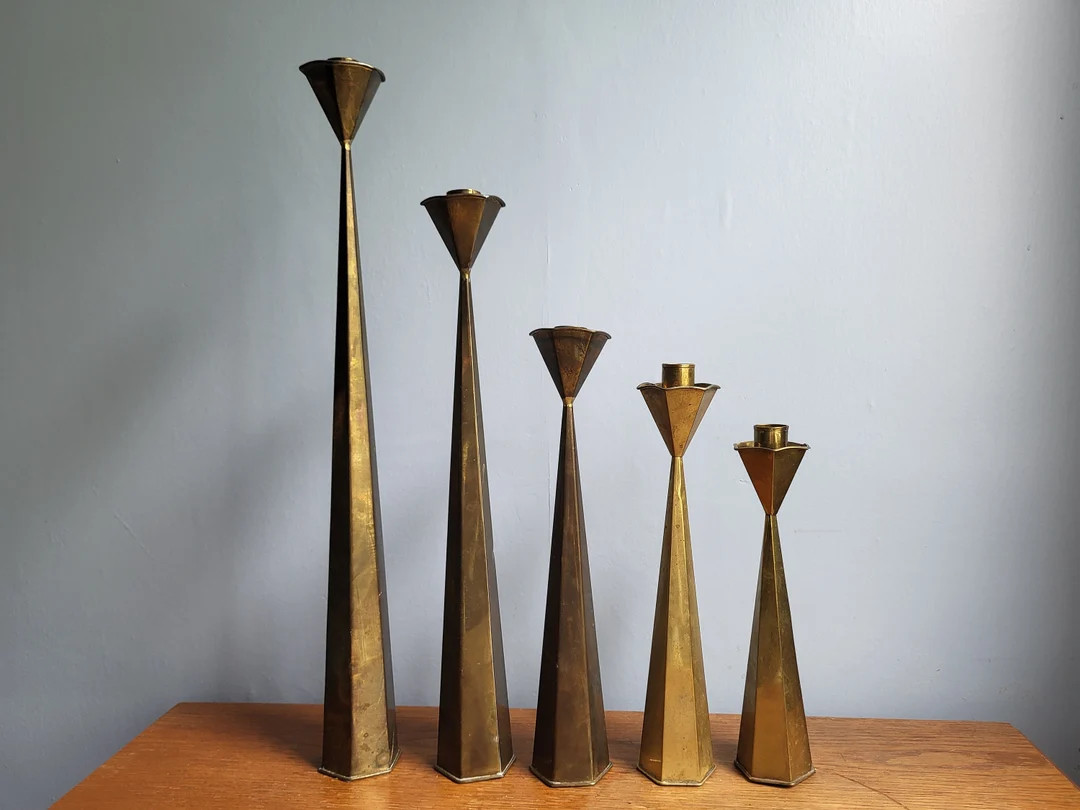 Choice Tall brass candlestick Hexagon metalwork fluted top Elegant taper candleholder Vintage bra... | Etsy (US)