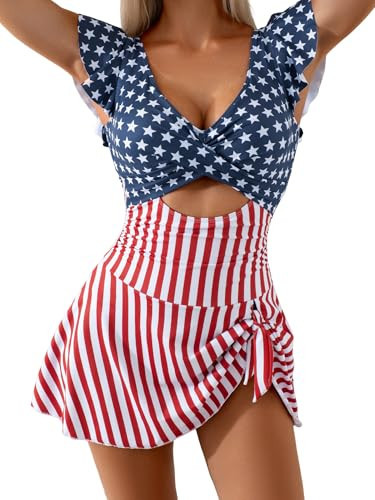 Aidonger One Piece Swimdress Swimsuit for Women Tummy Control Ruffle Swim Dress Skirt V Neck Cutout Wrap Bathing Suit | Amazon (US)
