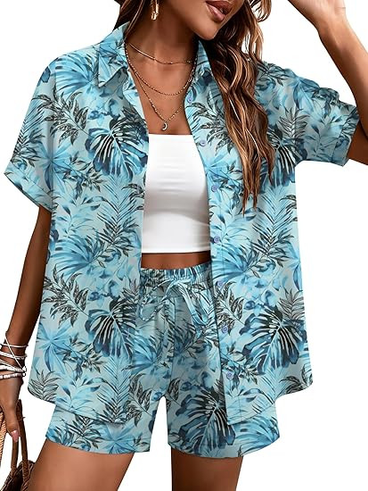 LOMON Women's 2 Piece Hawaiian Vacation Outfits Tropical Print Short Sleeve Shirts and Shorts Bea... | Amazon (US)