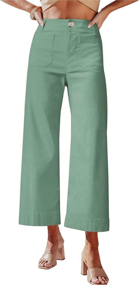 miduo Womens High Waisted Cropped Wide Leg Stretchy Straight Pants Trousers with Pockets | Amazon (US)