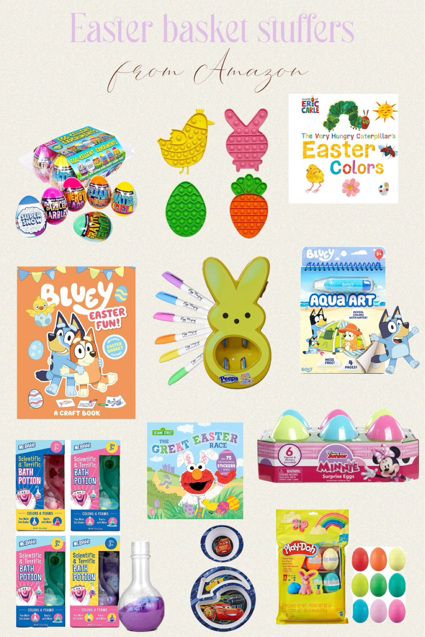Easter basket stuffers

Mr. Bubble Kids Bath Bomb Potions - Colorful Fizzy Fun - Cool Foam and Bubble Science Beaker for The Bath (Pack of 4) /Bluey: Easter Fun!: A Craft Book / Be Amazing! Toys Egg-Cellent Experiment - 6 Pack Science Experiments / Play-Doh Easter Eggs Bag 9 Pack / Disney Junior Minnie Mouse 6-Pack Surprise Eggs, Includes Characters and Stickers / The Very Hungry Caterpillar's Easter Colors / 4 Pack Easter Fidget Sensory Pop Toys / Bluey Aqua Art - Reusable Water Reveal Activity Pages / The Eggmazing Easter Egg Decorator - Peeps Bunny / The Great Easter Race!: An Egg-straordinary Spring Story with Elmo / Disney/Pixar Cars Dinnerware Set - Toddler Plates and Toddler Utensils

#easter #disney #amazon #peeps #toddler #kids #bluey #bobo #gabrielapolacek #easterbasket #giftguide 

#LTKSeasonal #LTKkids #LTKparties
