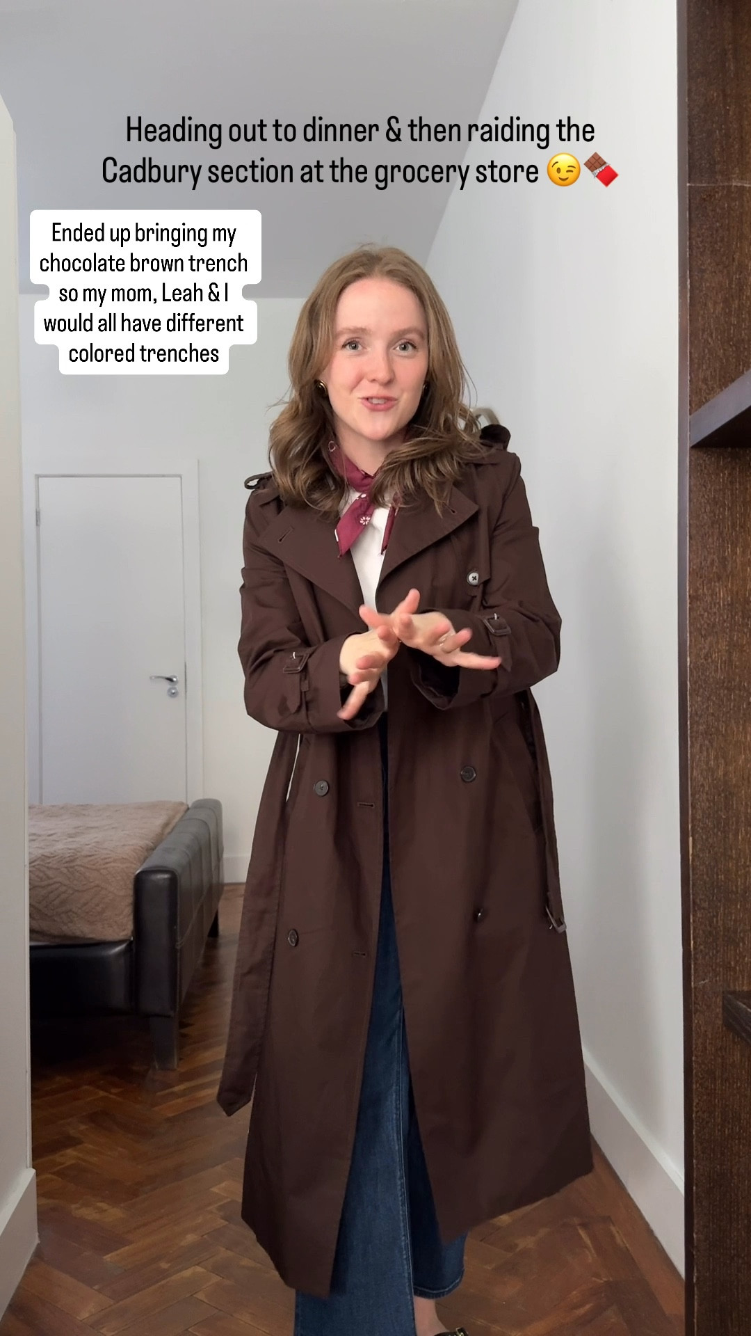 Comfy chocolate brown trench I’m wearing in London. Wearing xs