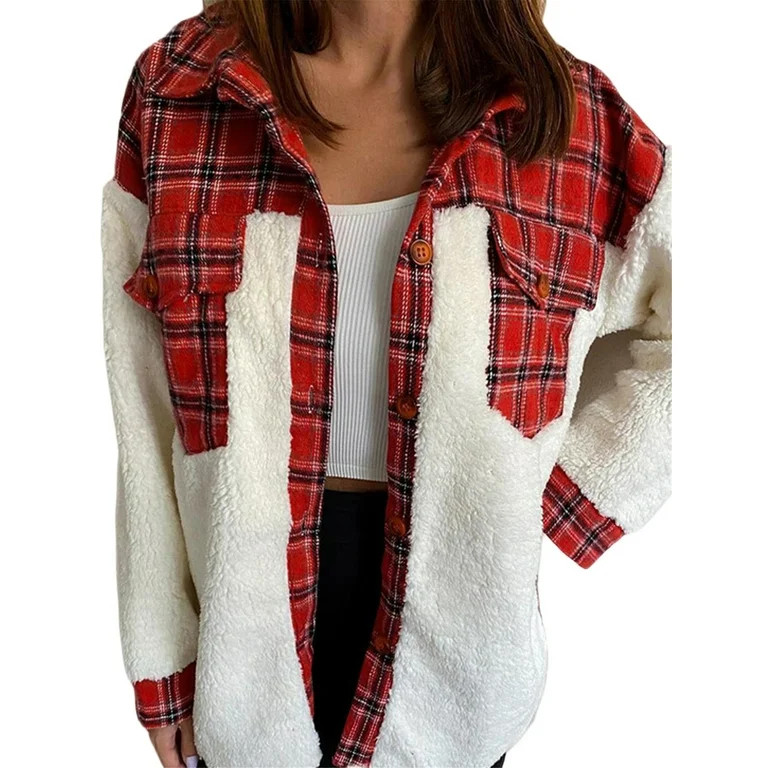 Aunavey Women Fuzzy Sherpa Fleece Jacket Button Collar Plaid Plush Patchwork Shirt Tops Coat with... | Walmart (US)