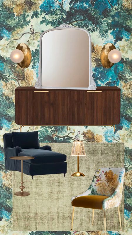Wallpaper, white mirror, walnut, credenza, navy, velvet chaise, gold, accent table, mini cordless lamp, printed velvet dining chair, muted green olive rug

#LTKstyletip #LTKSale #LTKhome