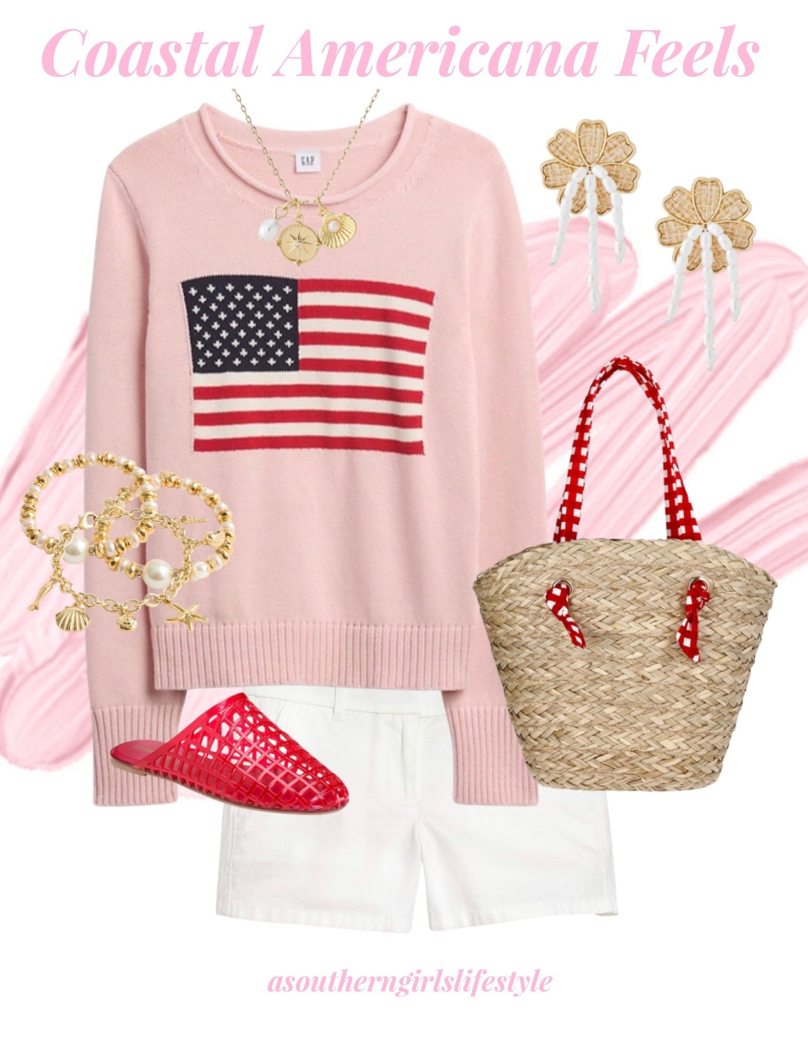 Americana Spring/Summer! A summer night out to dinner, watching fireworks, spending time at the beach .. anywhere. Most pieces are on Sale!

Pink Flag Sweater, Pearl & Shell Necklace, Pearl & Tropical Flower Earrings, Pearl Beaded Bracelets, Beach Charm Bracelet, Red Gingham Seagrass Tote & Red Jelly Mules 

Spring Outfits 2026. Memorial Day. Fourth of July. July 4th. Vacation Outfits Beach. Summer Outfits. Preppy 

#LTKSeasonal #LTKPetite #LTKSaleAlert #LTKootd