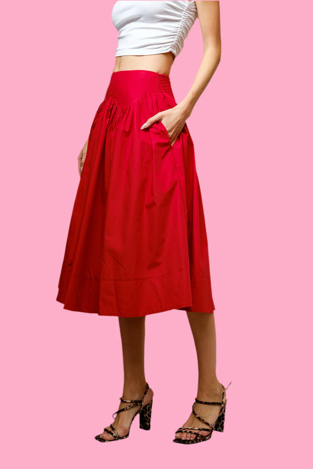 Poplin Cotton Smocked Flare Midi Skirt | Teggy French