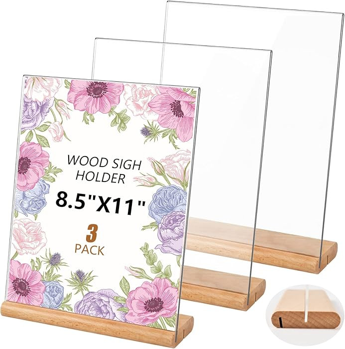 Acrylic Sign Holder 8.5 x 11 with Wide Heavy Wood Base, L/T Shape Clear Tabletop Display Stand, V... | Amazon (US)