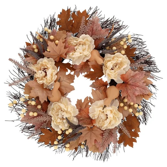 Maple Leaves and Peony Wreath, Cream and Brown, 22", Fall by Way To Celebrate | Walmart (US)