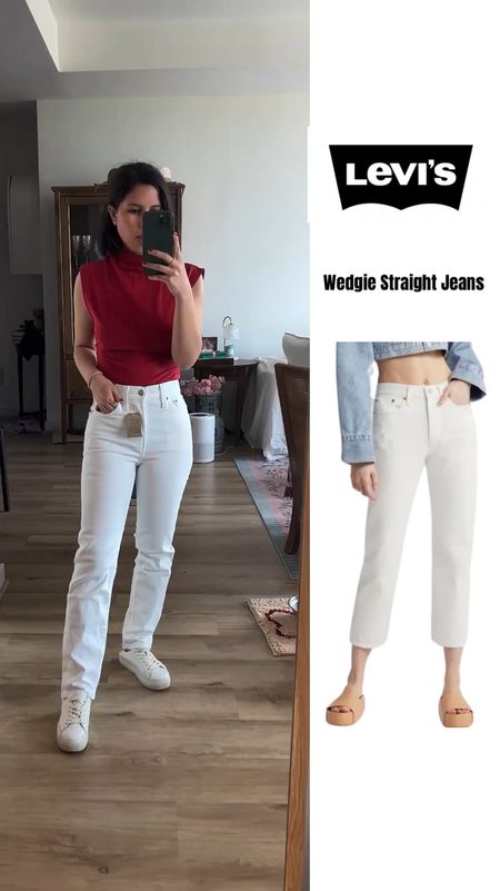 Size 24 in both jeans, typically am a 23 in Levi’s. I’m 5’1” 110 lbs 
Top XS true to size 



White jeans, petite jeans, jeans under $100, Levi’s, cropped jeans, ribcage ankle, wedgie straight, white platform sneakers, soludos, reformation Lindy, reformation top, red top, work from home, over 30 

#LTKVideo #LTKstyletip #LTKfindsunder100