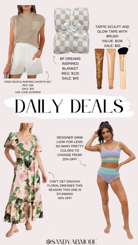 Daily deals // summer fashion // summer outfits // Amazon fashion // free people look for less // dupe // tarte sculpt and glow tape // makeup // beauty // styled co collection blanket // floral dress // wedding guest dress // graduation dress // beach riot inspired swim // pink lily // colorblock swim 

#LTKSeasonal #LTKsalealert #LTKstyletip