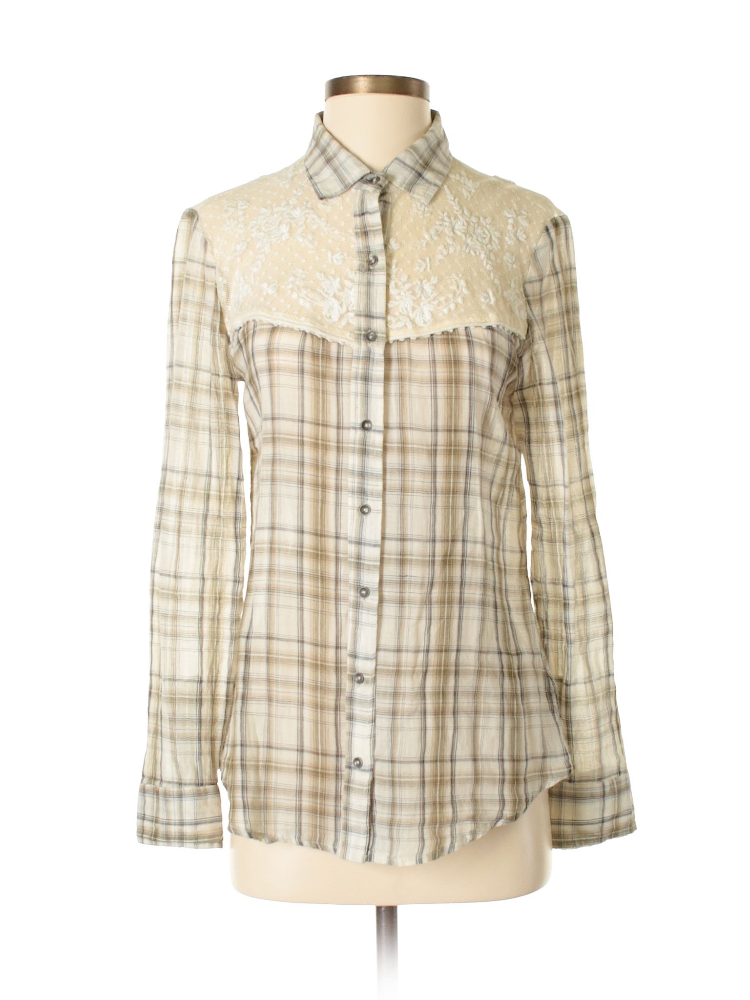 Free People Long Sleeve Button Down Shirt Size 4: Beige Women's Tops - 33980441 | thredUP