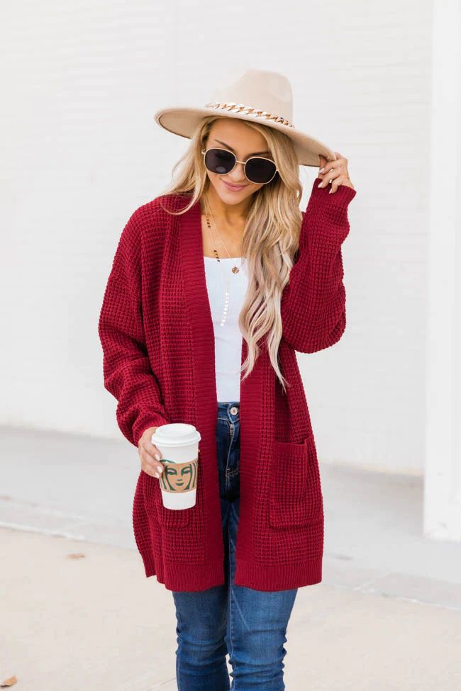Late Night Walks Red Waffle Knit Cardigan | The Pink Lily Boutique