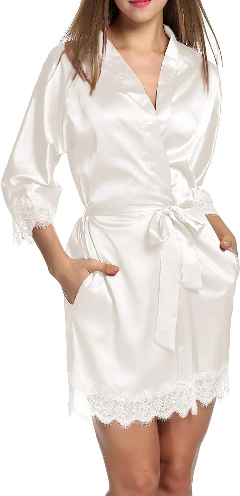 Women's Pure Color Short Satin Kimono Robes with Oblique V-Neck Bridesmaid Wedding Party Dressing... | Amazon (US)