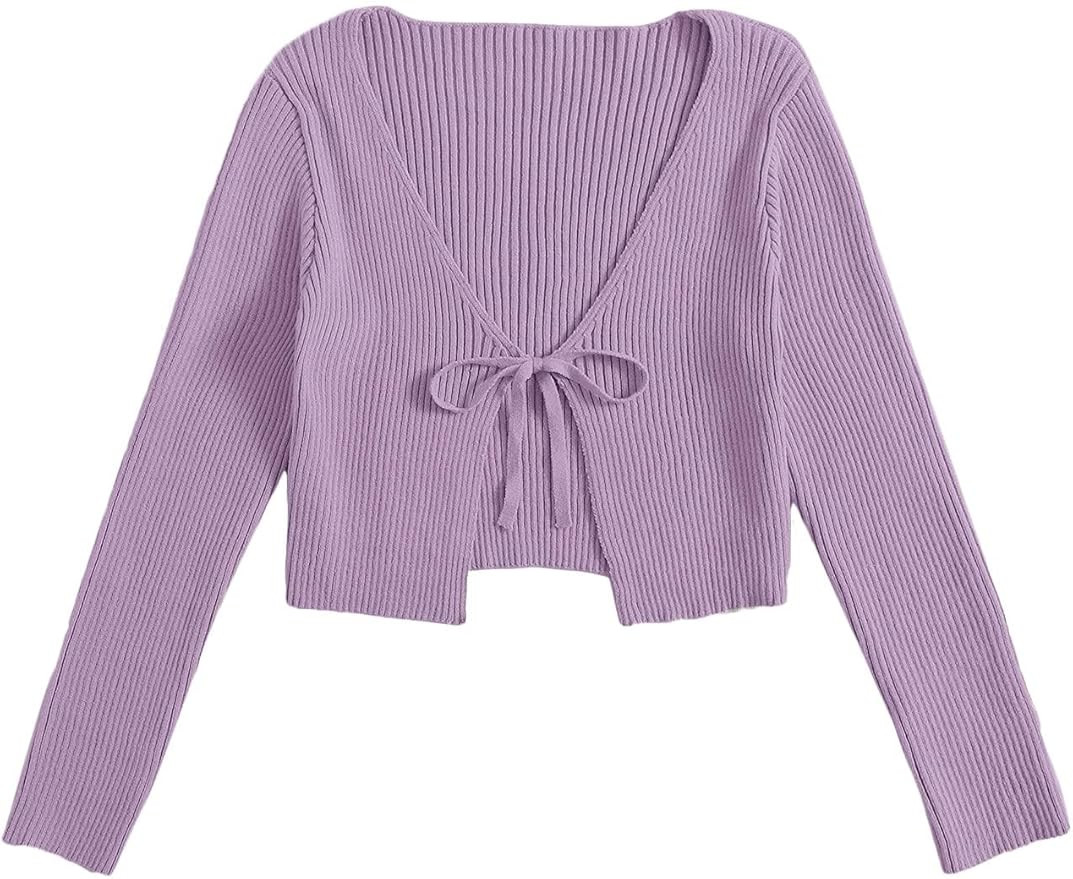 Floerns Women's Tie Front Long Sleeve Rib Knit Shrug Sweaters Cardigan Crop Top | Amazon (US)