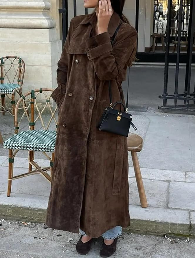 Womens Faux Suede Trench Coat Long Suede Leather Jacket Double Breasted Pea Coat with Belt | Amazon (US)