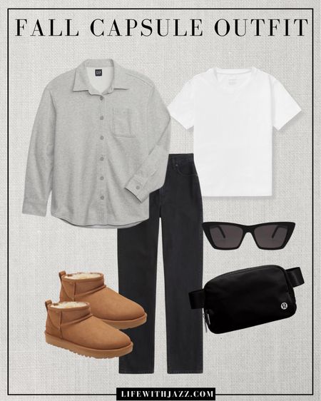 Fall capsule outfit - casual & comfy staples 

Shacket
White tee 
Black straight jeans 
Ugg boots 
Belt bag 
Sunglasses 

Fall capsule wardrobe / minimalist style 


#LTKtravel #LTKSeasonal #LTKstyletip