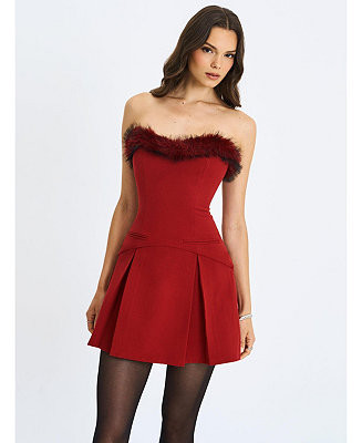 Miss Circle Women's Nalia Crimson Fur Trimmed Sweetheart Mini Dress - Macy's | Macy's