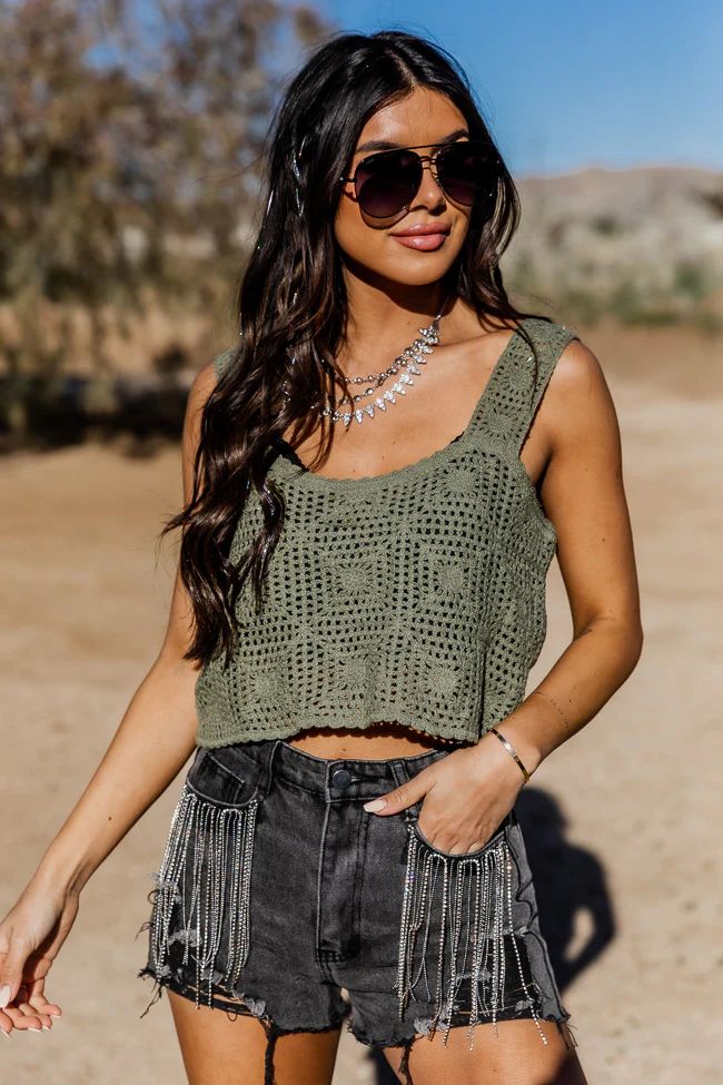 Out Of This World Olive Cropped Crochet Tank | Pink Lily