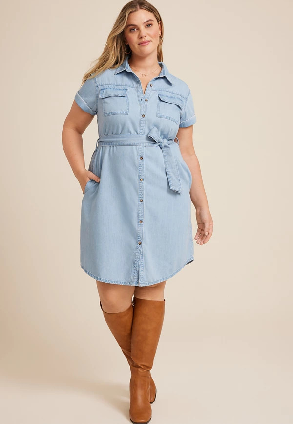 Plus Size Denim Tie Waist Mini Shirt Dress | Maurices