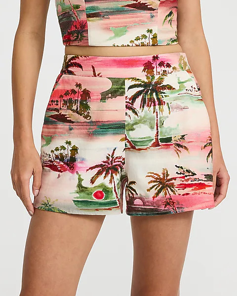 Printed Linen-blend High Waisted Short | Express