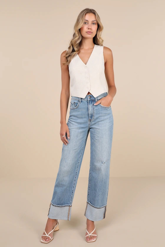 Eastside Light Wash Distressed High-Rise Cuffed Denim Jeans | Lulus