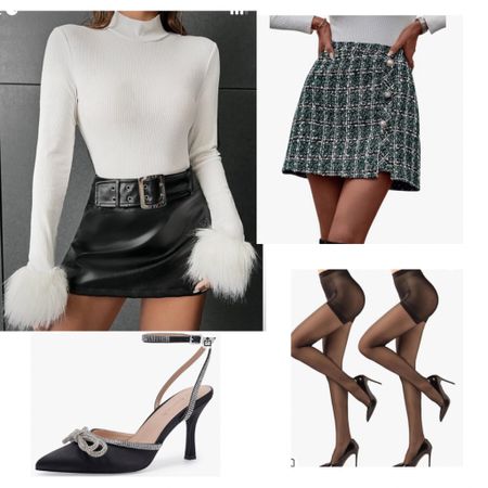 Last minute Christmas outfit 
Linked original from SHEIN but also added from Amazon for faster shipping! 
White mock neck long sleeve with fur detail
Green plaid tweed skirt
Black tights 
Bowl heels 
Christmas outfit 
Holiday outfit 
New years outfit 
Christmas sweater 
Christmas party 
Holiday party 
Gifts for her 
Winter outfit 

#LTKfindsunder50 #LTKsalealert #LTKHoliday