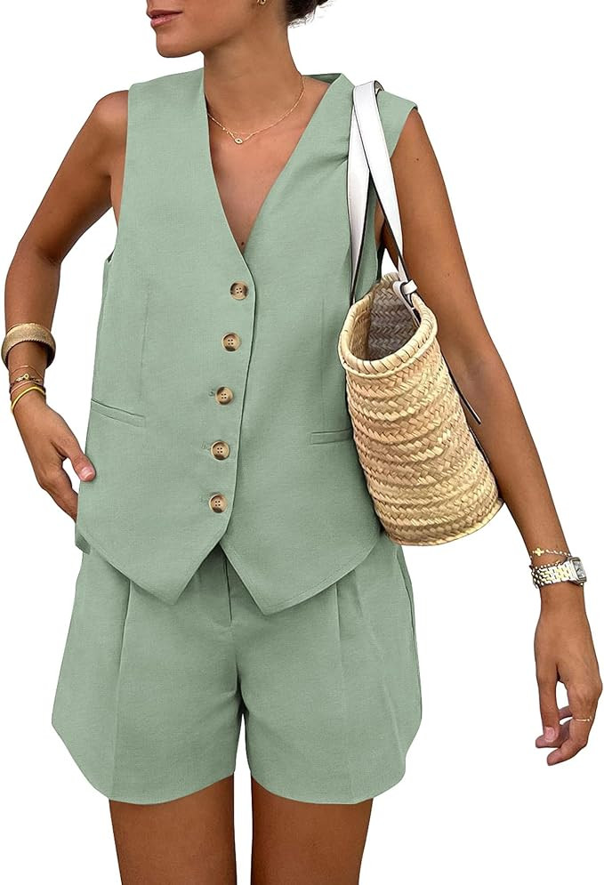 PRETTYGARDEN Women's Summer 2 Piece Outfits Sleeveless Matching Sets Button Down V Neck Vest Wais... | Amazon (US)