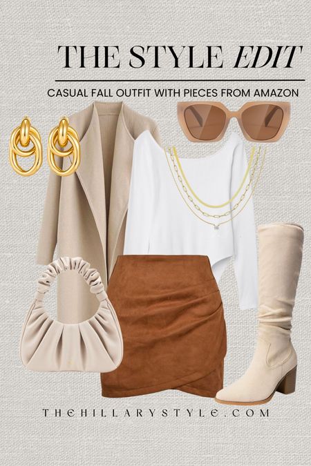 The Style Edit: casual fall outfit with pieces from Amazon. Great look for shopping, brunch or date night. Suede miniskirt, suede skirt, long sleeve bodysuit, coatigan, sweater coat, tall boots, handbag, square sunglasses, layered gold necklace set, gold earrings. Fall outfit, casual outfit, Thanksgiving outfit, OOTD, fall fashion, Amazon fashion, #founditonamazon

#LTKstyletip #LTKfindsunder100 #LTKfindsunder50