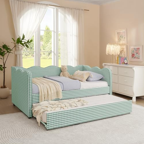 DEINPPA Twin Size Upholstered Daybed with Trundle, Gingham Daybed with USB Ports for Bedroom Living Room Guest Room-Cyan | Amazon (US)