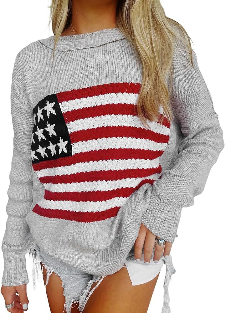 American Flag Sweater for Women Long Sleeve Hollow Out Knit Pullover Casual Loose 4th of July Jum... | Amazon (US)