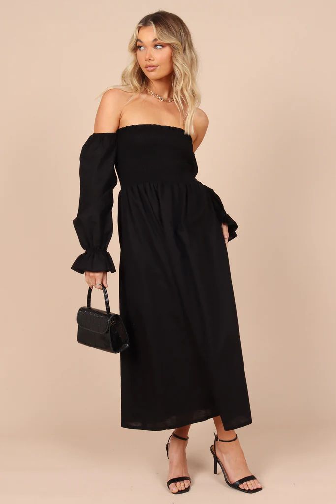 Domenica Shirred Long Sleeve Midi Dress - Black | Petal & Pup (US)
