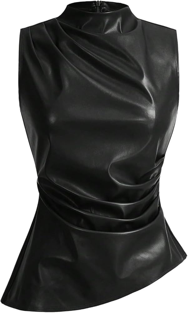 SHENHE Women's Mock Neck PU Leather Pleated Asymmetrical Sleeveless Fitted Dressy Tank Top | Amazon (US)